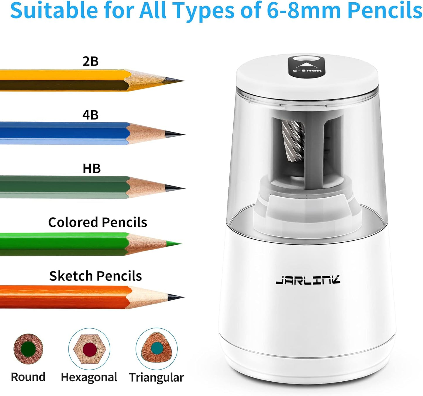 JARLINK Electric Pencil Sharpener, Heavy-Duty Helical Blade to Fast Sharpen, Auto Stop for No.2/Colored Pencils(6-8mm), AC Adapter/Battery Operated in School Classroom/Office/Home (Black)