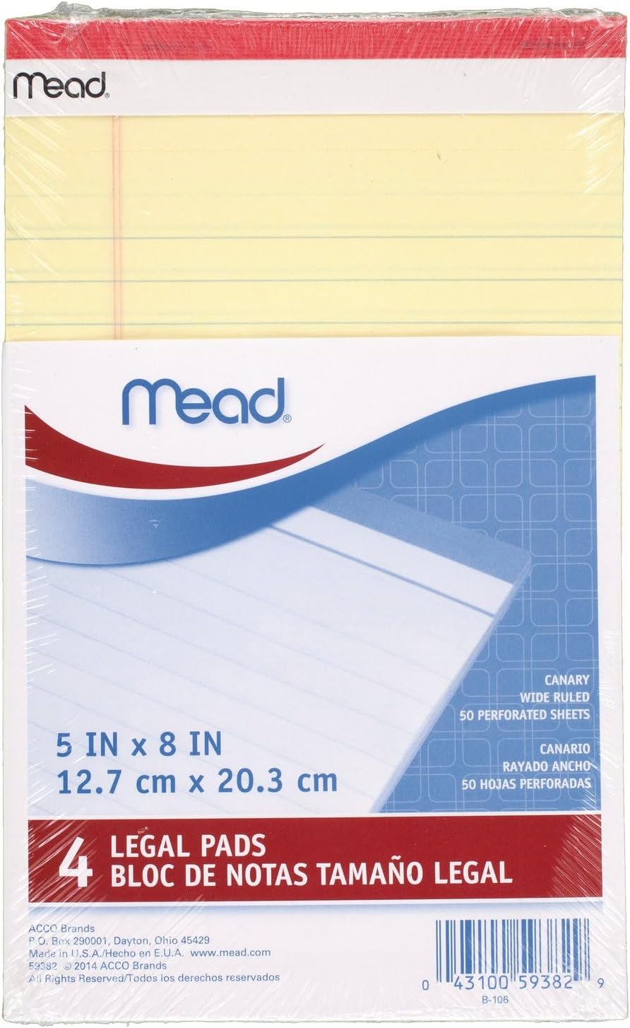 Mead Canary Junior Legal Pads, 5 x 8 Inch, 4 Pack 50 Sheets (59382)