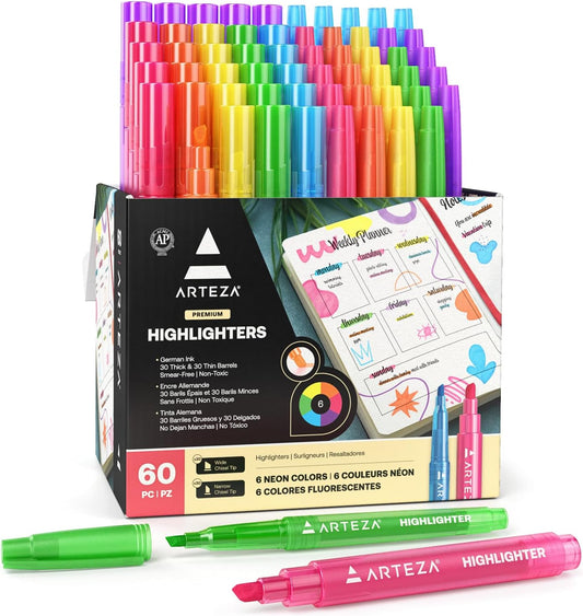 ARTEZA Highlighters, Bulk Set of 60 Neon Colors with Broad & Narrow Chisel Tips, Quick-Dry Smear-Resistant Ink for Office, Journaling, Planning & Notes
