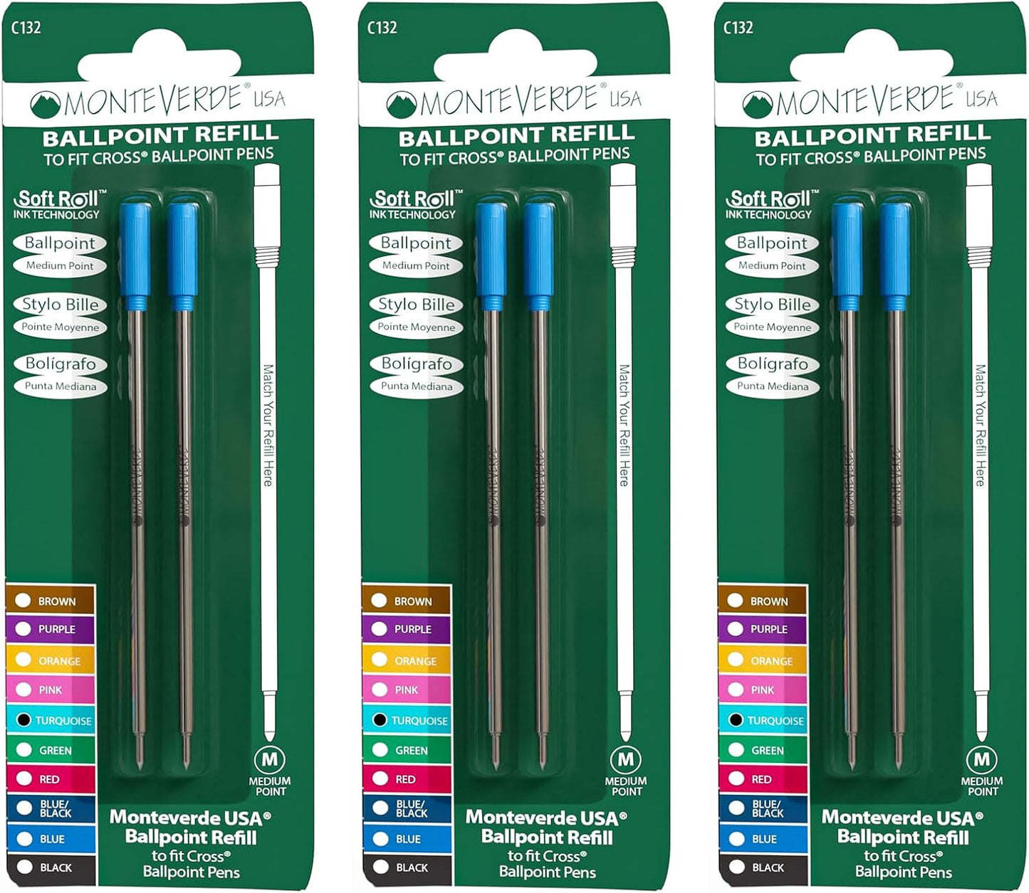 Monteverde USA Soft Ballpoint Refills to Fit Cross Pens, Medium Point, Green Ink, 2-Pack – Bold and Smooth Writing Solution