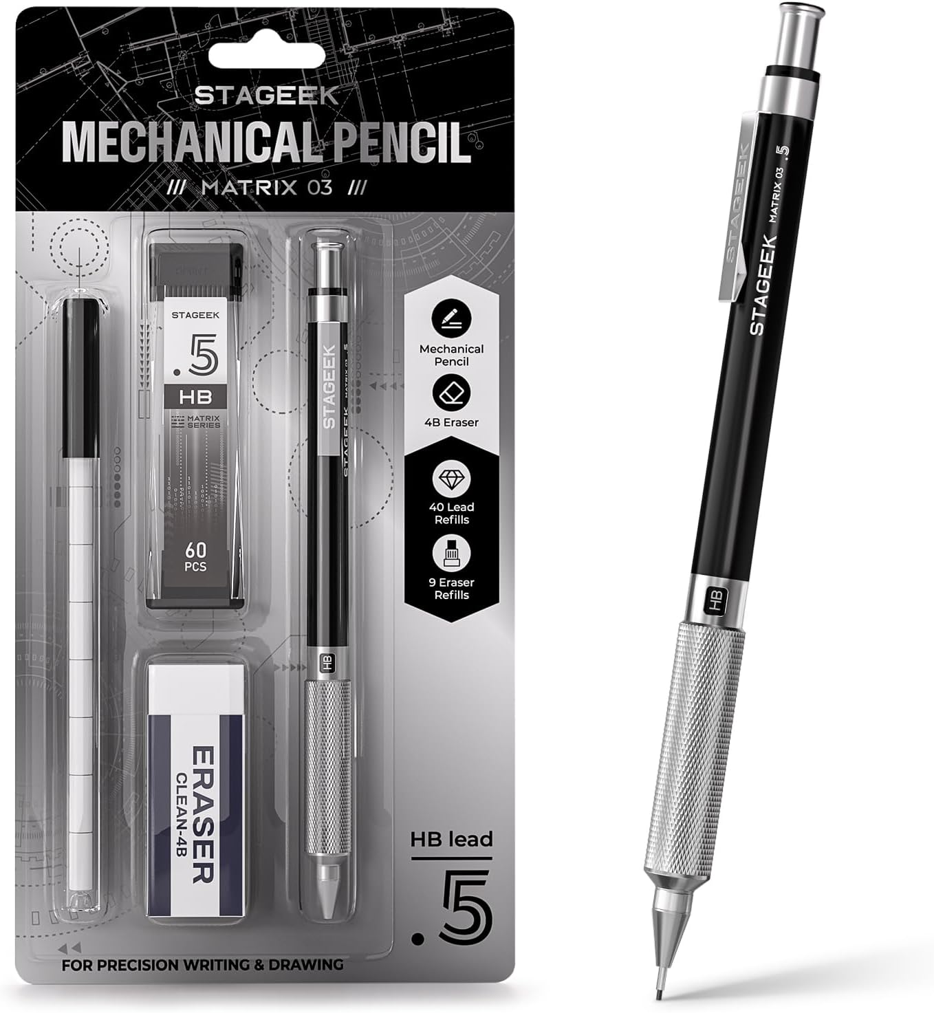 STAGEEK 0.7 mm Mechanical Pencil, Metal Art & Drafting Pencil with Eraser and 60 HB Lead Refills, Professional Drawing Pencil for Artists, Students, School, Office, Writing, Sketching, Drafting(Blue)