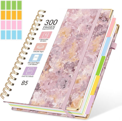 Hardcover Spiral Journal Notebook, 300 Pages 5 Subject Notebook College Ruled with Removable Dividers Tabs, 8" x 10" Notebooks for Work, Spiral Ruled Lined Writing Journal Hardcover Leather Notebook for School (Black, 8''x 10'')