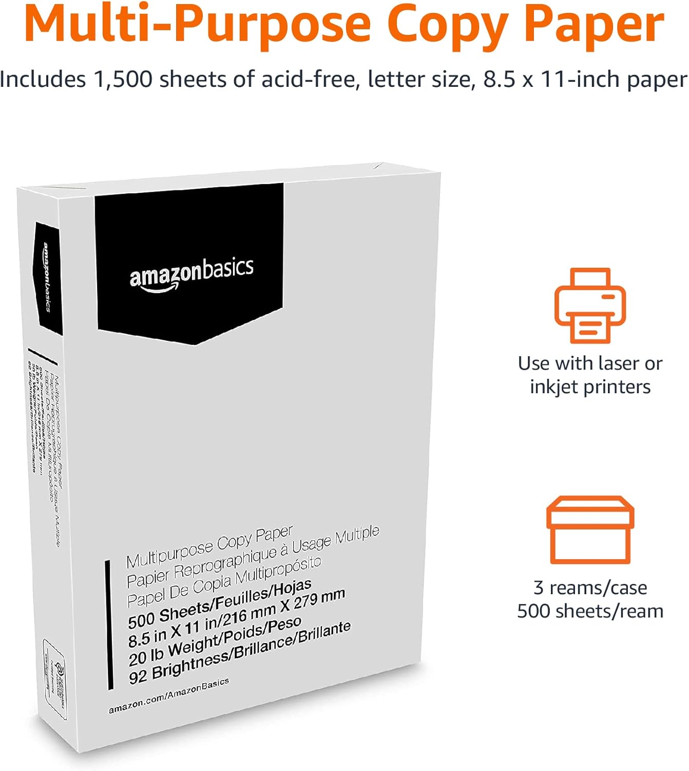 Amazon Basics Multipurpose Copy Printer Paper, 20 lb, 8.5 x 11 Inches, 10 Reams (5,000 Sheets), 92 Bright White