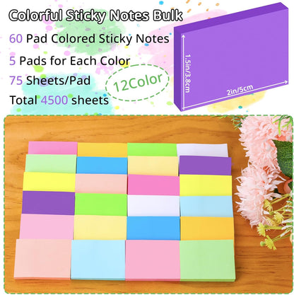 100 Pack Sticky Notes Bulk 3 x 3 in Self-Stick Note Pads Colorful Posted Note in 20 Colors Adhesive Paper Memo 50 Sheets/Pad Easy to Post for Office Home School Meetings Notebook Wall Door Window