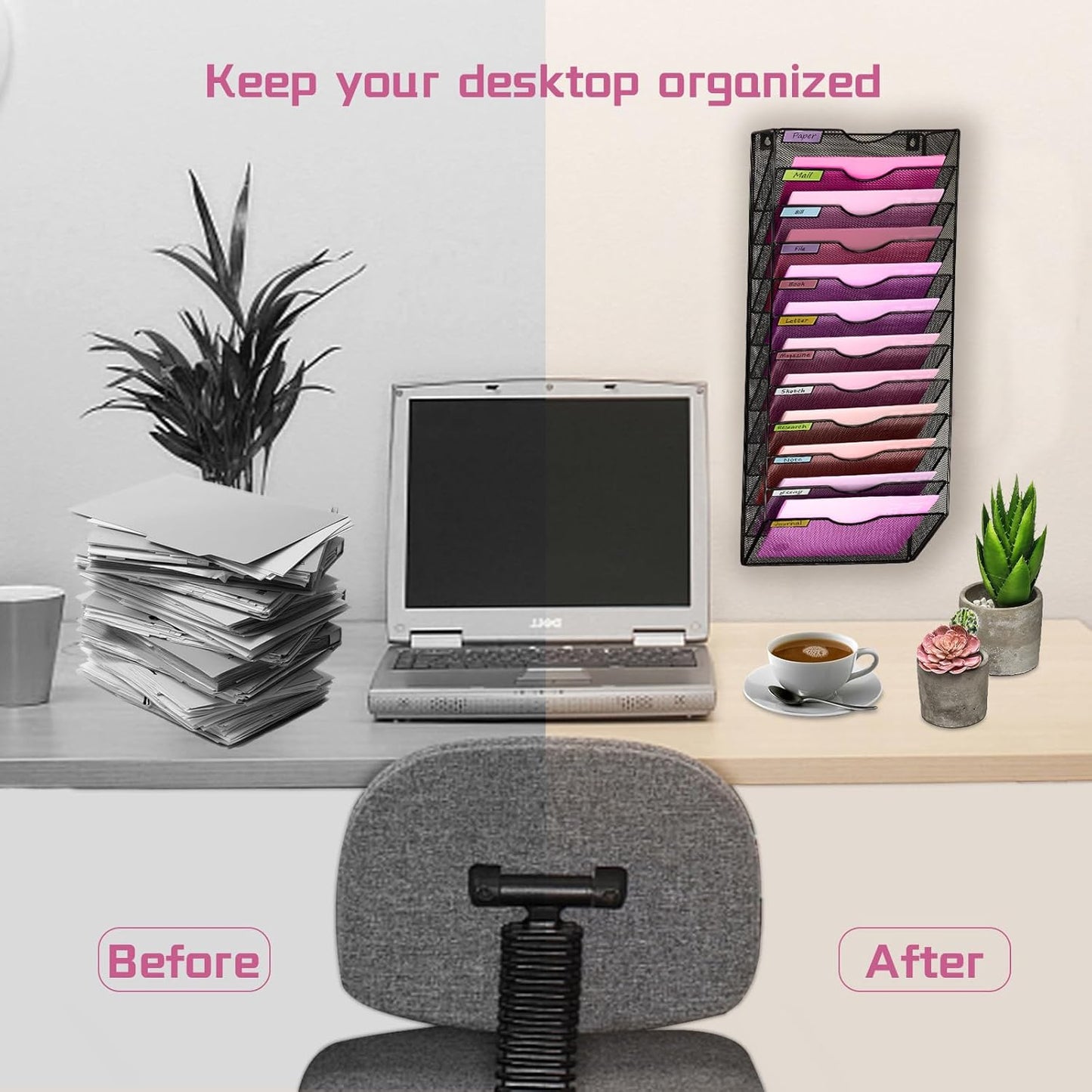 1 Pocket Mesh Wall File Holder Organizer Office Hanging File Folder Magazine Rack, Nametag Label Hooks Set Included (Black)