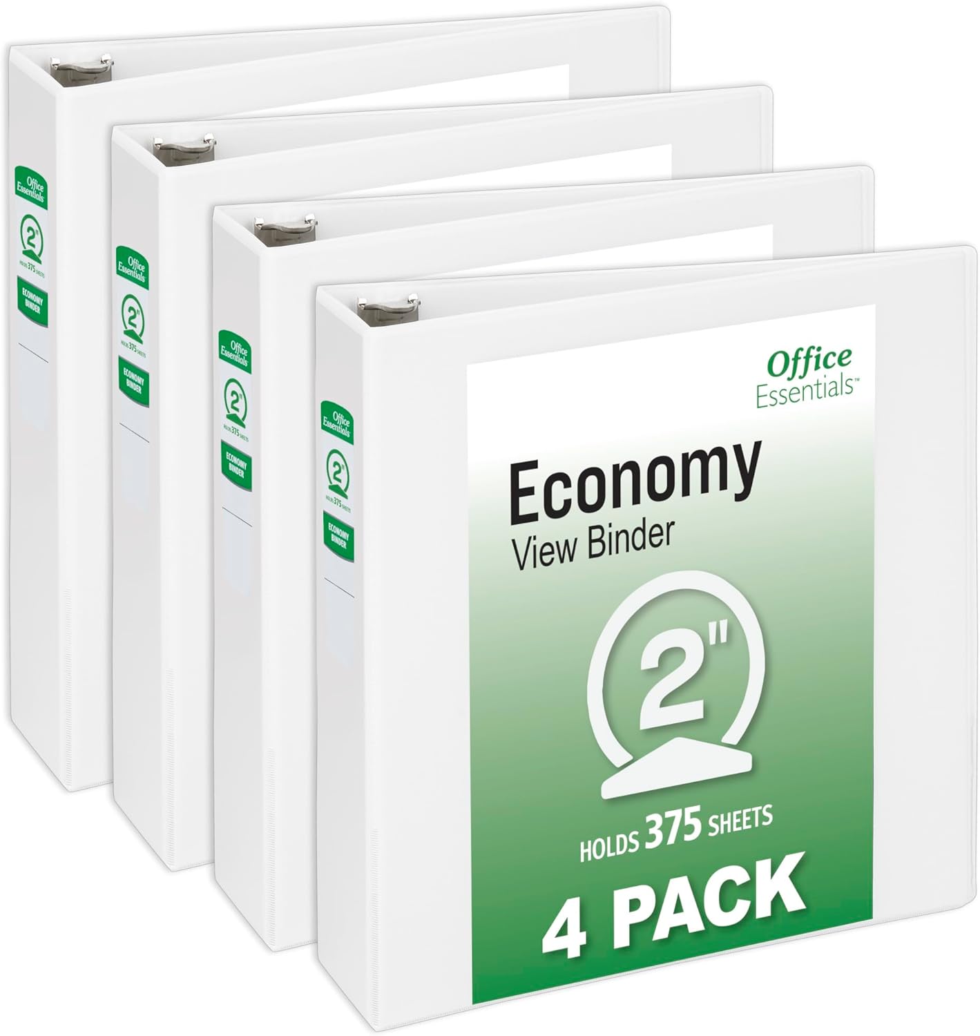 Office Essentials Economy View 3 Ring Binders, 3" Round Rings, 3.5" Spine, 460-Sheet Capacity, White Binders (4-Pack of 03148)