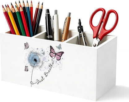 Don't Overthink It Inspirational Pencil Pen Holder for Desk, Pink Positive Affirmations Wooden Box Sign Pen Holder Organizer for Home Office School Desk Accessories