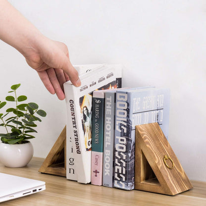 MyGift Brass Wood Decorative Bookends Triangular Design, Office Desk Wooden Book Ends, Book Stand for Shelves with Tone Ring Accent, Rustic Burnt