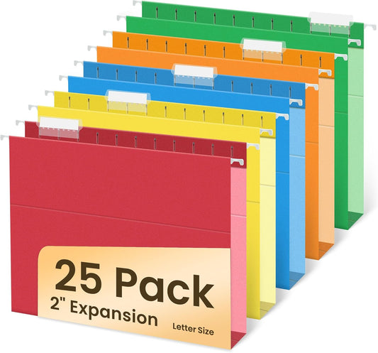 SUNEE Hanging File Folders Letter Size, Pastel Colors, 25 Count Letter Size File Folders with 1/5-cut Tabs, Heavy Duty 1 Inch Expansion, Stay Organized for Your Home and Office Bulk File