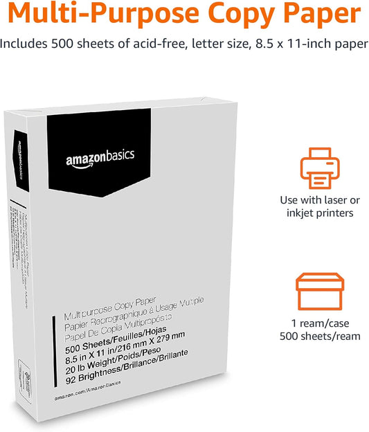 Amazon Basics Multipurpose Copy Printer Paper, 20 lb, 8.5 x 11 Inches, 10 Reams (5,000 Sheets), 92 Bright White