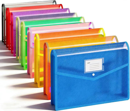 Plastic File Folder, 9 Pcs Large-Capacity Poly Envelope Expanding Wallet Document Folder Letter Size A4 Accordion File Pouch with Label Pocket, Snap Button for School Home Work Office Organization