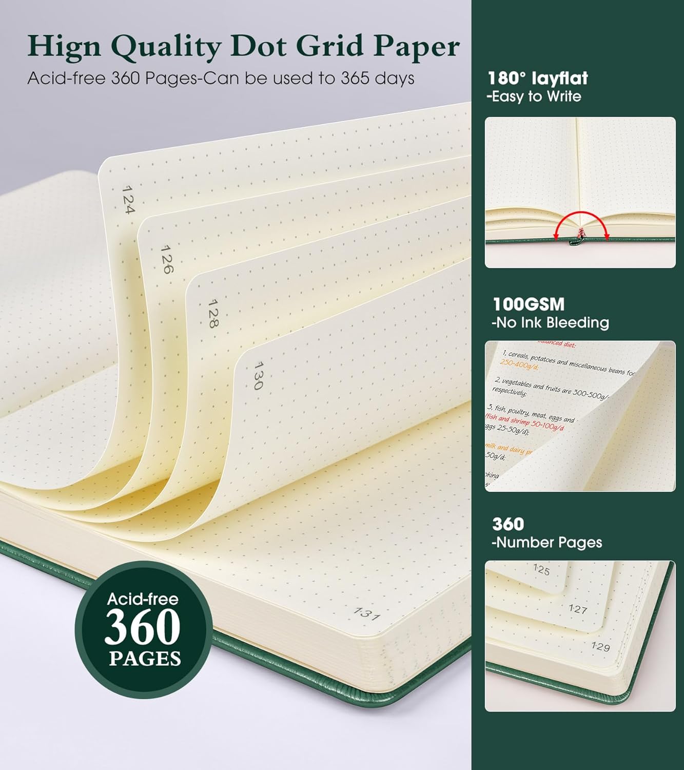 Lined Journal Notebook -365 Pages A5 Thick Journals for Writing Ruled Notebook, Hardcover Leather Journal for Women Men Daily Journal Notebook for Work, Note Taking, 100Gsm Lined Paper( 5.75'' X 8.38'' Green)