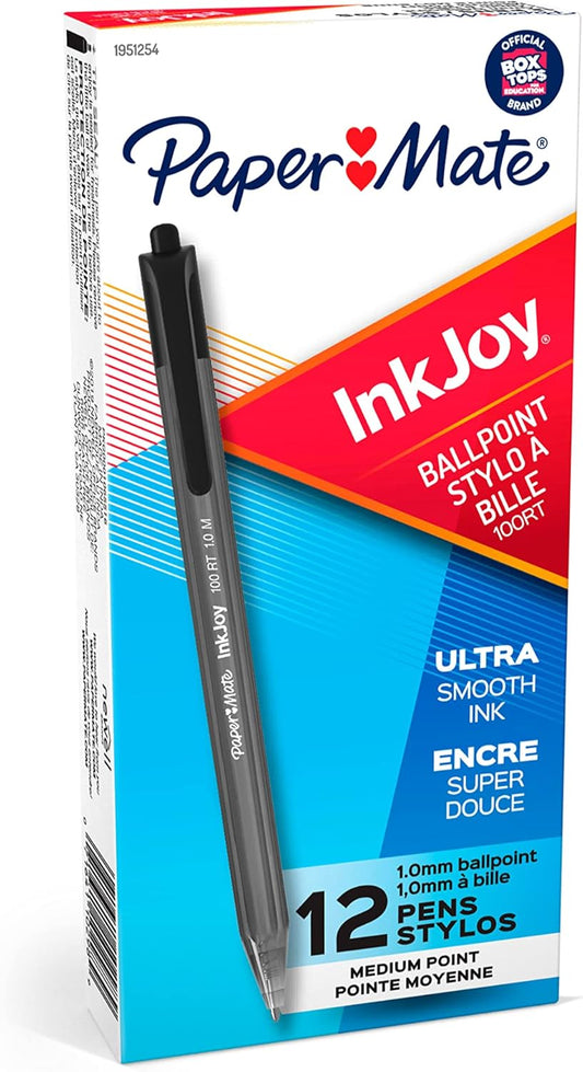 Paper Mate InkJoy 100RT Retractable Ballpoint Pens, Medium Point, Black, Box of 12 (1951254)