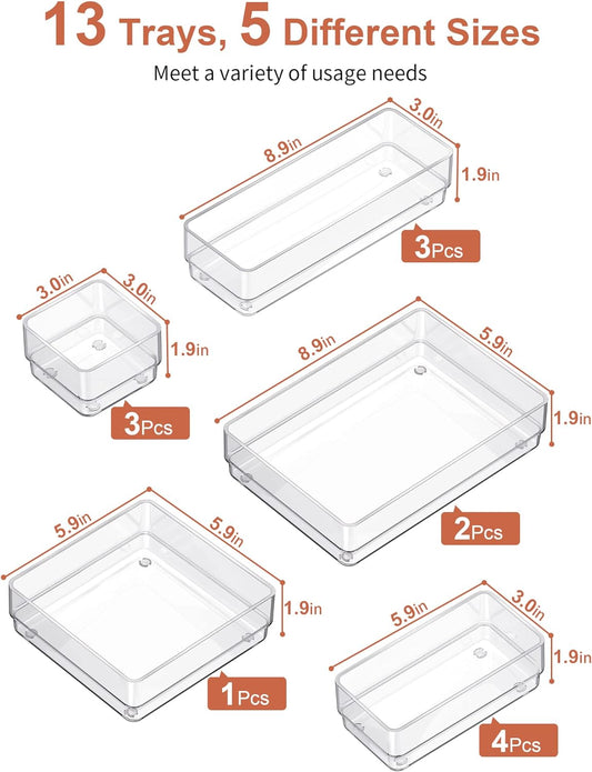 SMARTAKE 13-Piece Drawer Organizer with Non-Slip Silicone Pads, 5-Size Desk Drawer Organizer Trays Storage Tray for Makeup, Jewelries, Utensils in Bedroom Dresser, Office and Kitchen (Clear)