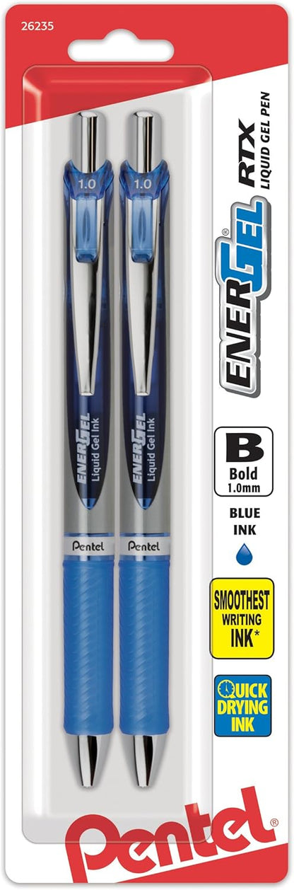 Pentel EnerGel RTX Retractable Liquid Gel Pen, (1.0mm), Bold Line, Metal Tip, Black Ink, Pack of 3 (BL80BP3A)