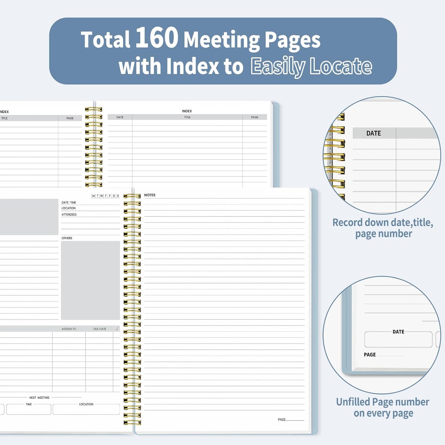 SUNEE Half Meeting Half Note - 7.5"x10" Professional Notebooks for Work - 160 Pages, B5 Size Project Planner, Spiral Meeting Agenda/Minutes Organizer for Women Men, Note Taking, Office & Business