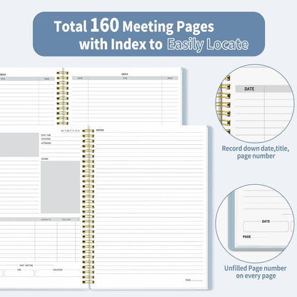 SUNEE Half Meeting Half Note - 7.5"x10" Professional Notebooks for Work - 160 Pages, B5 Size Project Planner, Spiral Meeting Agenda/Minutes Organizer for Women Men, Note Taking, Office & Business