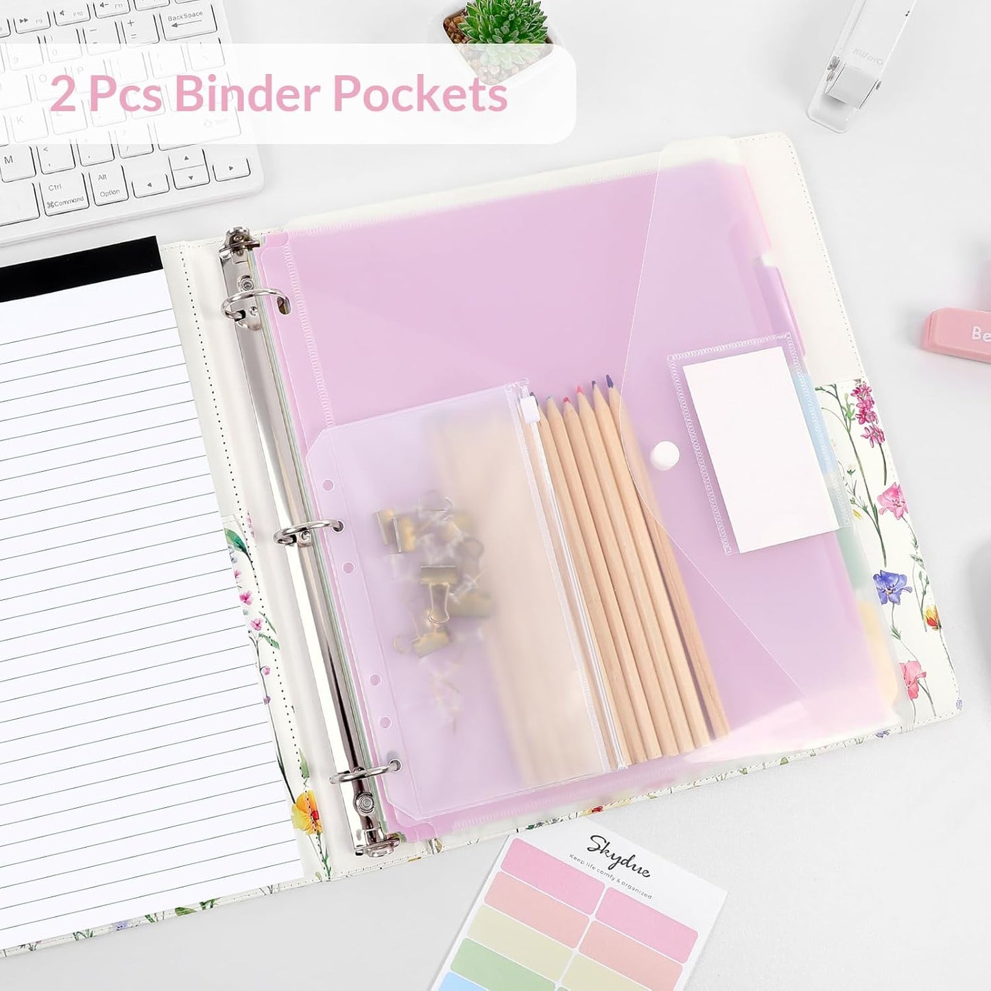 SKYDUE 1 Inch 3-Ring Binder with Clipboard, PU Aesthetic Binder with 5 Dividers, Notepad, Stickers & Pockets for Work and School (Letter Size)