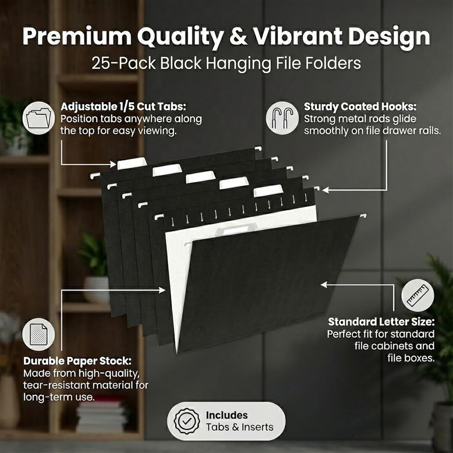 VZCPYTPM 25 Pack Hanging File Folders Letter Size,Pink Reliable Hanging Folders for Filing Cabinet,Reinforced Rods for Smooth Gliding,Includes 1/5 Adjustable Tabs & Inserts,Ideal for Home & Office