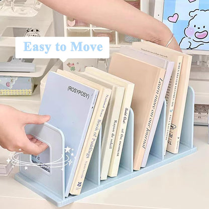 SAYEEC Desk File Sorter Vertical Desktop File Folder Organizer 4 Section Plastic Book Holder Adjustable Shelf Dividers Closet Purse Handbag Mail Binder Organizer Magazine Rack Stand Bookshelf (Pink)