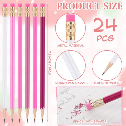24 Pcs Round Pencils with Eraser 2 HB Cute Pencils Bulk for School Graphite Wood Color Unsharpened Pencil for Drawing Sketching Wedding School Teacher Supplies Student Reward