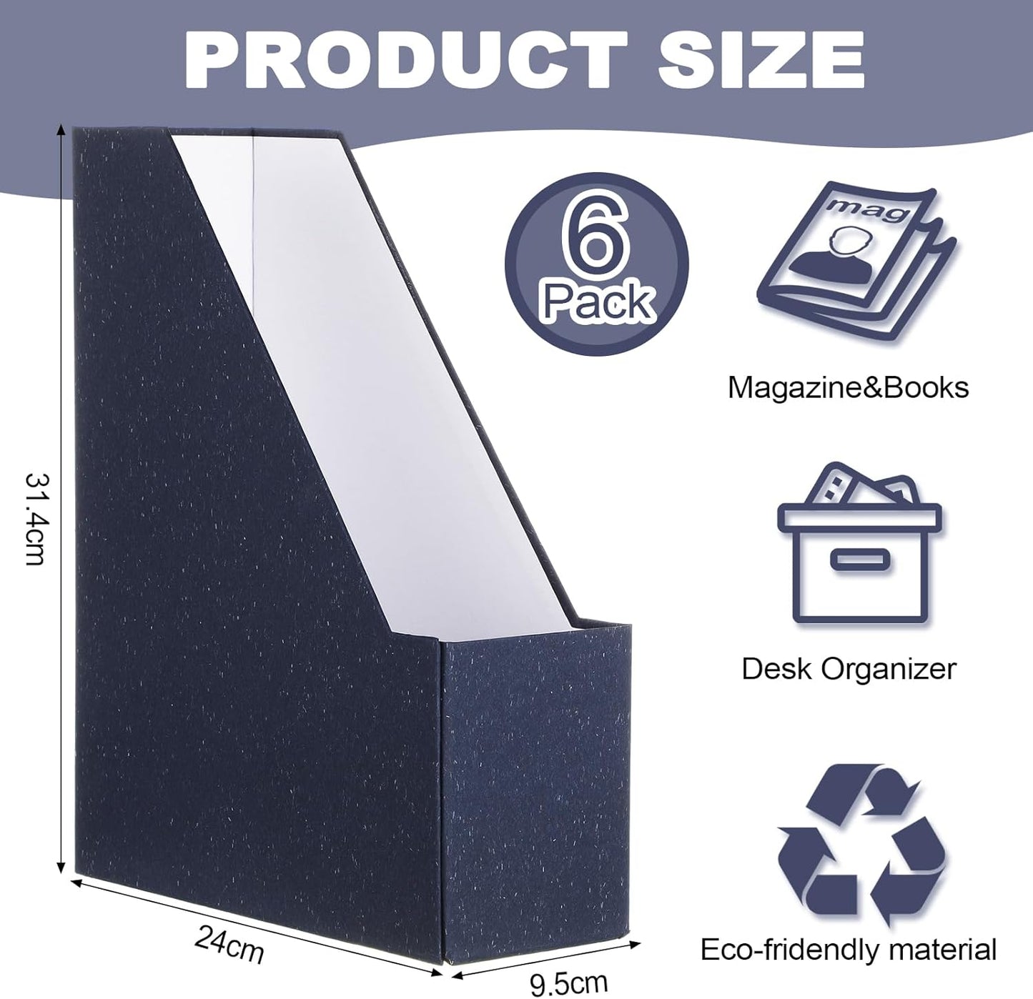 Gueevin Set of 6 Magazine File Holder Stylish Sturdy Cardboard File Boxes Desk Magazine Organizer Rack with Gold Label Holder to Organize Your Desk or Shelves for Home Classroom Office Library(Blue)