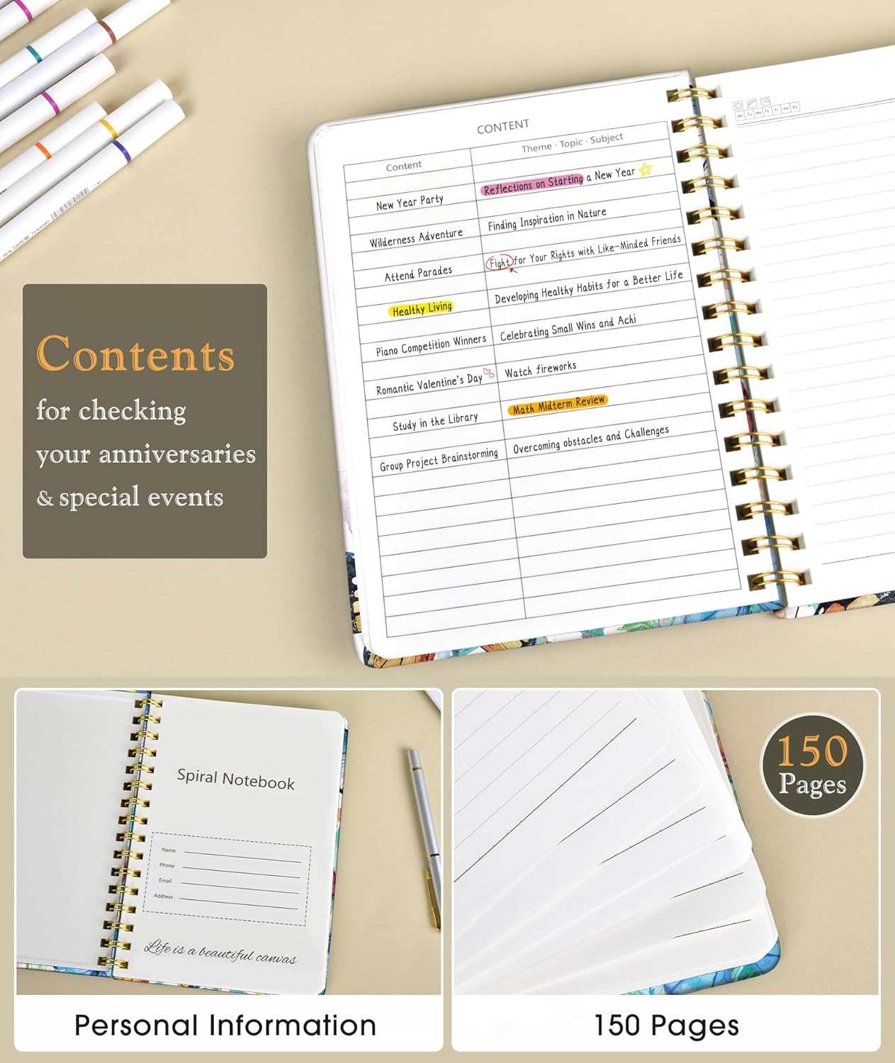 Lined Spiral Journal Notebook, A5 Hardcover Spiral Journals for Women Men, 150 Numbered Pages Spiral Bound Notebook, 100 GSM College Ruled Notebooks for Work, Note Taking 5.75" x 8.38", Olive Green