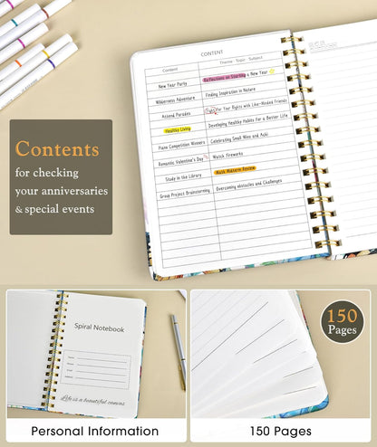 Lined Spiral Journal Notebook, A5 Hardcover Spiral Journals for Women Men, 150 Numbered Pages Spiral Bound Notebook, 100 GSM College Ruled Notebooks for Work, Note Taking 5.75" x 8.38", Olive Green