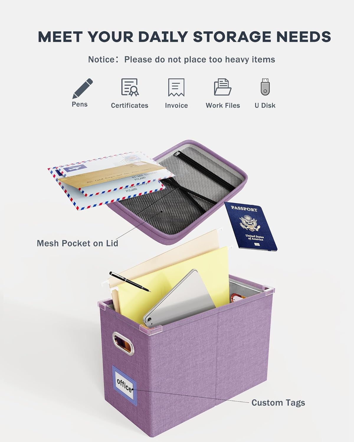 Oterri File Organizer Box with Lid, Hanging Filing File Box with Mesh Pocket, Document Organizer Box for Letter Files, Portable Storage Box with Smooth Sliding Rail for Office&Home (1 PCS, Beige)