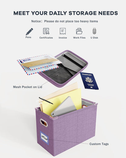 Oterri File Organizer Box with Lid, Hanging Filing File Box with Mesh Pocket, Document Organizer Box for Letter Files, Portable Storage Box with Smooth Sliding Rail for Office&Home (1 PCS, Beige)