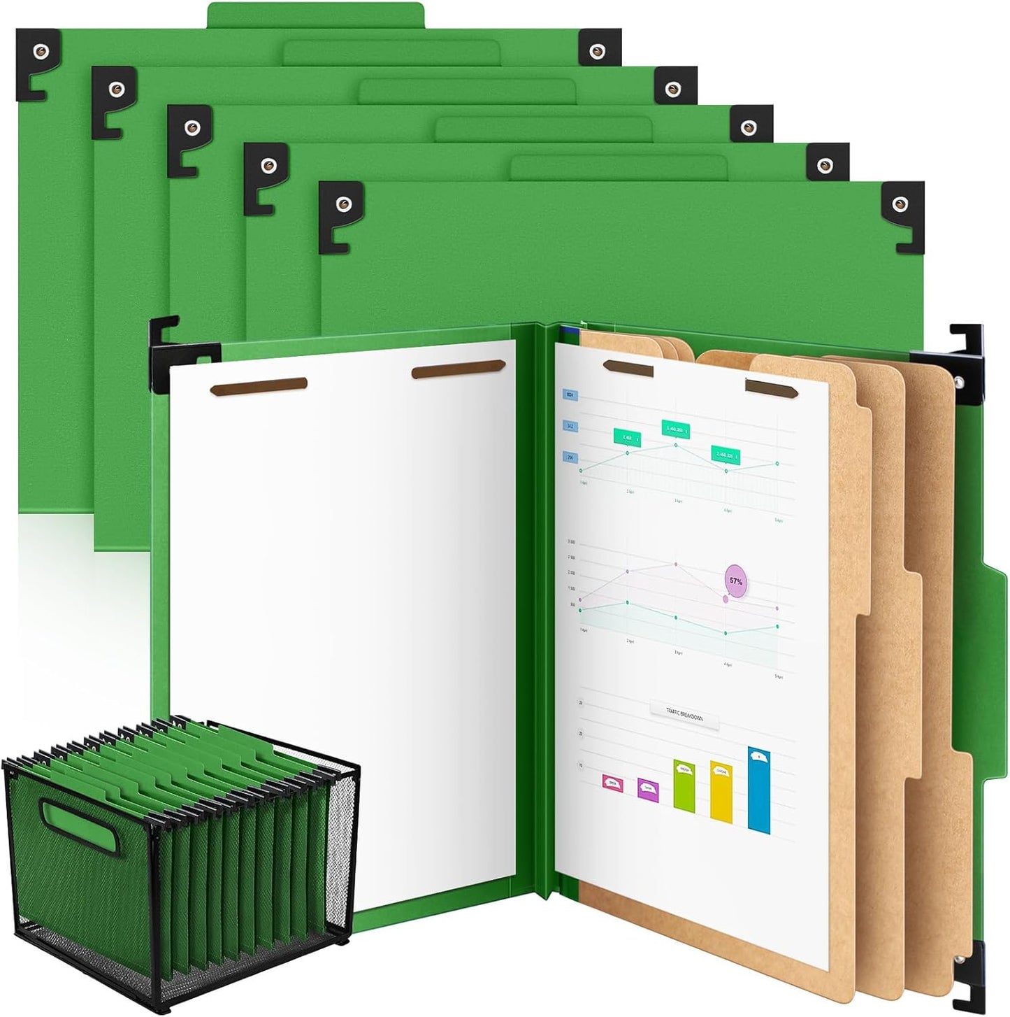Henoyso 10 Pcs Hanging Classification Folders Bulk with 2 Prongs, 1 Divider Letter Size, 2 Inch Expansions Pressboard File Folder, 1/3-cut Tab File Organizer (1 Divider,Green)