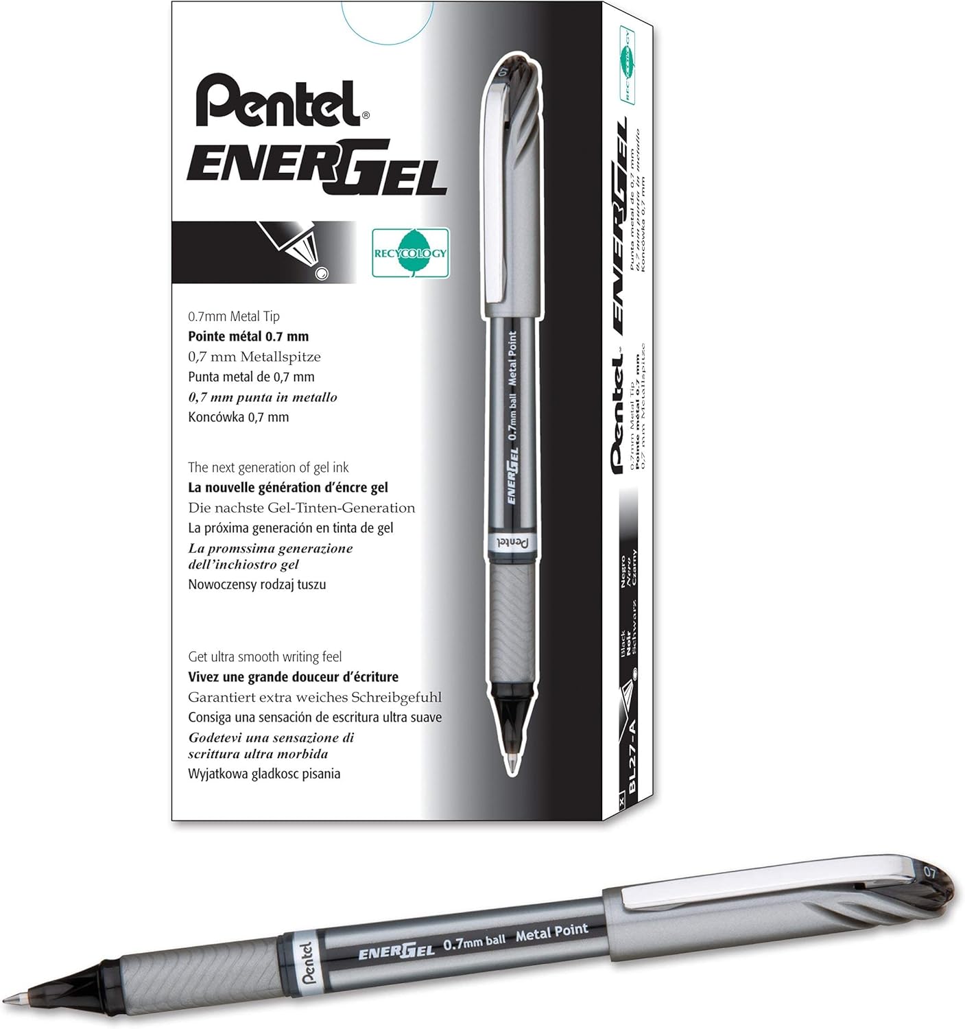Pentel EnerGel NV Liquid Gel Pen, (0.7mm), Medium Line, Capped, Metal Tip, Black Ink, Box of 12 (BL27-A)