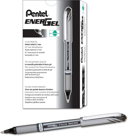 Pentel EnerGel NV Liquid Gel Pen, (0.7mm), Medium Line, Capped, Metal Tip, Black Ink, Box of 12 (BL27-A)
