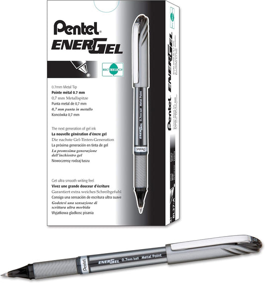 Pentel EnerGel NV Liquid Gel Pen, (0.7mm), Medium Line, Capped, Metal Tip, Black Ink, Box of 12 (BL27-A)