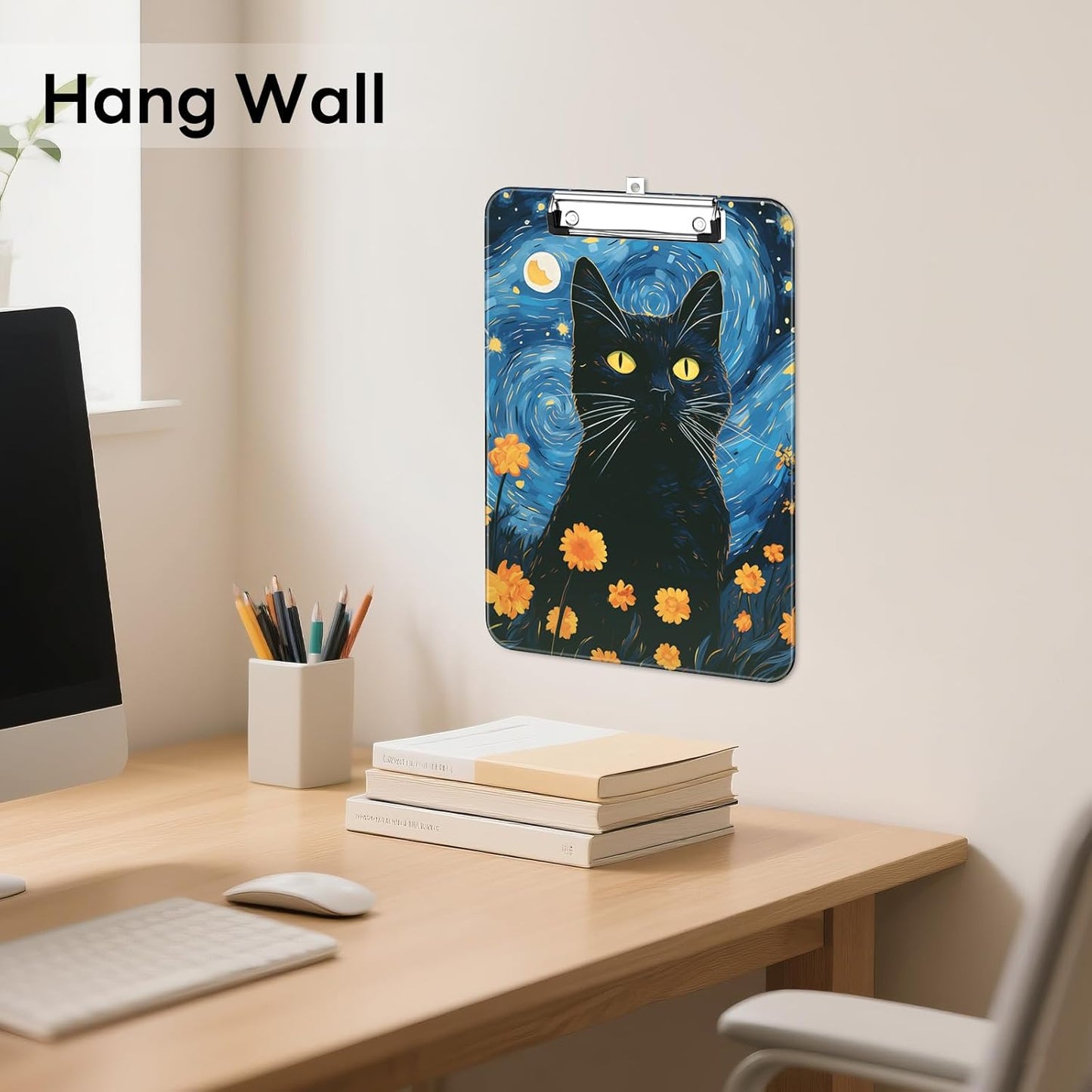 Plastic Cute Clipboard Low-Profile Metal Clip, A4 Letter Size 9 x 12.5 in, 8.5 x 11 Paper Clip Board for Teachers, Nurses, Classroom,Cute Black Cats