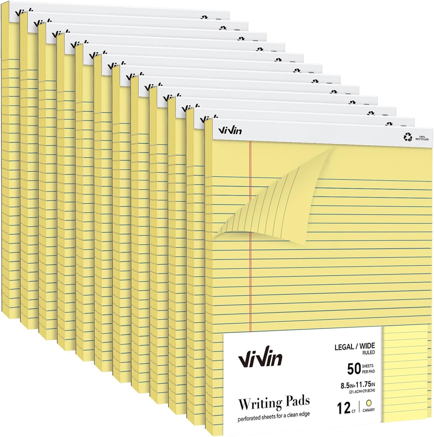 ViVin Legal Pads 8.5 x 11 Inch, Wide Ruled Note Pads, 12 Pack, 50 Sheet/Pad, Perforated Writing Pads, Notepads for Office Home School, 600 Sheets, White Paper