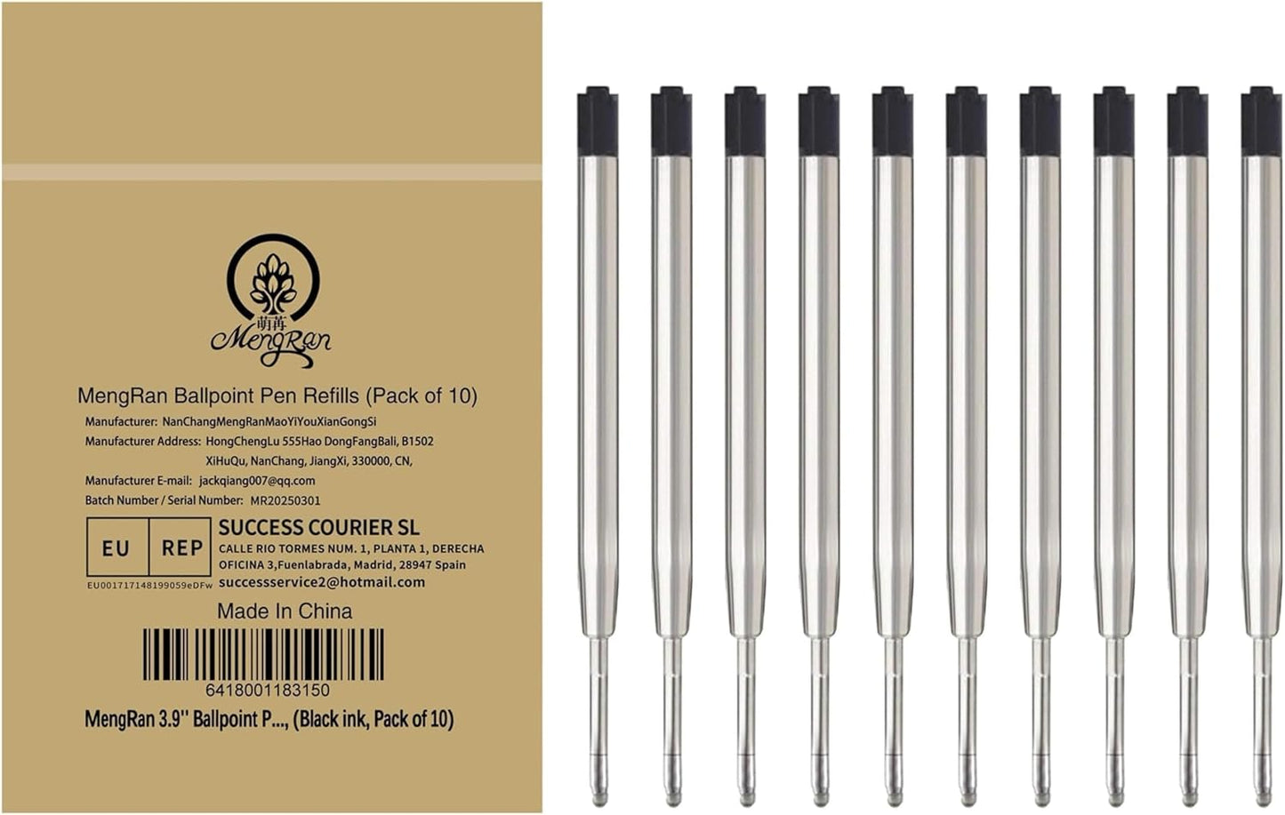 MengRan 3.9'' Ballpoint Ink Pen Refills for Click Pens,1mm Medium Tip,Compatible with Parker Pen Refill,Pack of 10 (Black Ink)