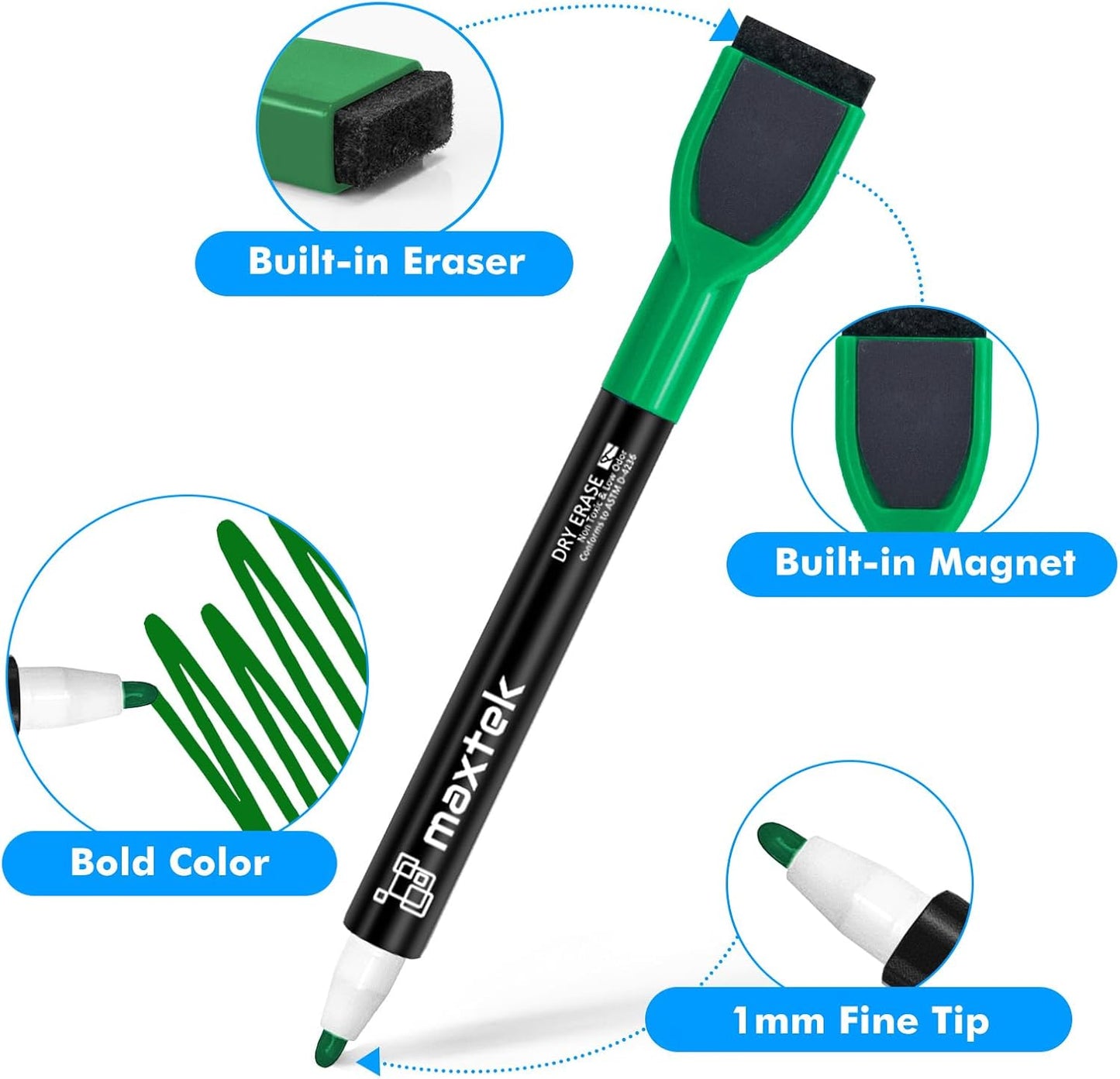 maxtek Magnetic Black Dry Erase Markers, 6 Count Fine Tip Whiteboard Markers with Eraser, Thin Markers Low Odor for Classroom, Office, Home
