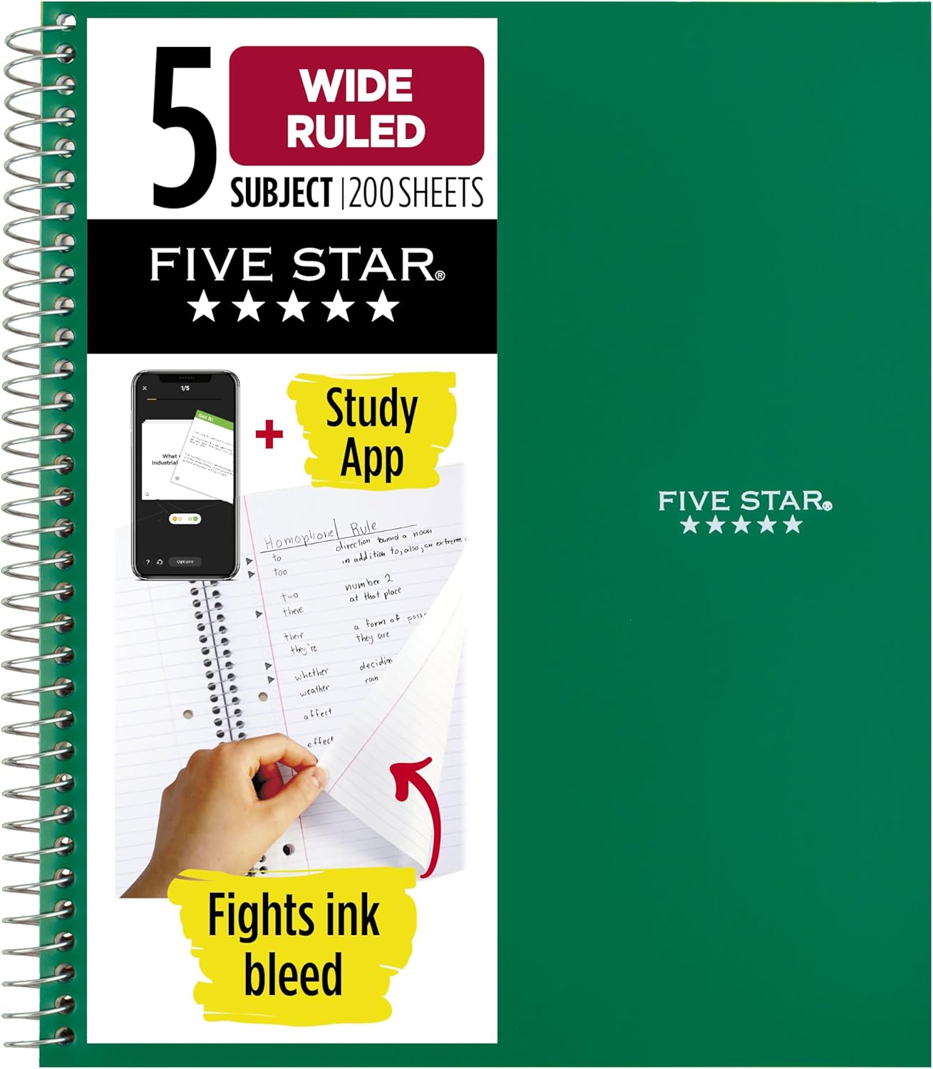 Five Star Spiral Notebook + Study App, 5 Subject, Wide Ruled Paper, 8" x 10-1/2", 200 Sheets, Fights Ink Bleed, Water Resistant Cover, Tidewater Blue (73196)