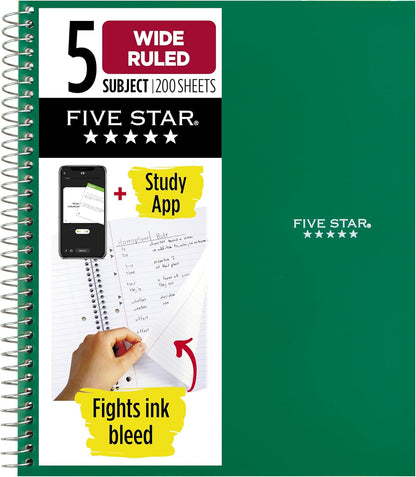 Five Star Spiral Notebook + Study App, 5 Subject, Wide Ruled Paper, 8" x 10-1/2", 200 Sheets, Fights Ink Bleed, Water Resistant Cover, Tidewater Blue (73196)