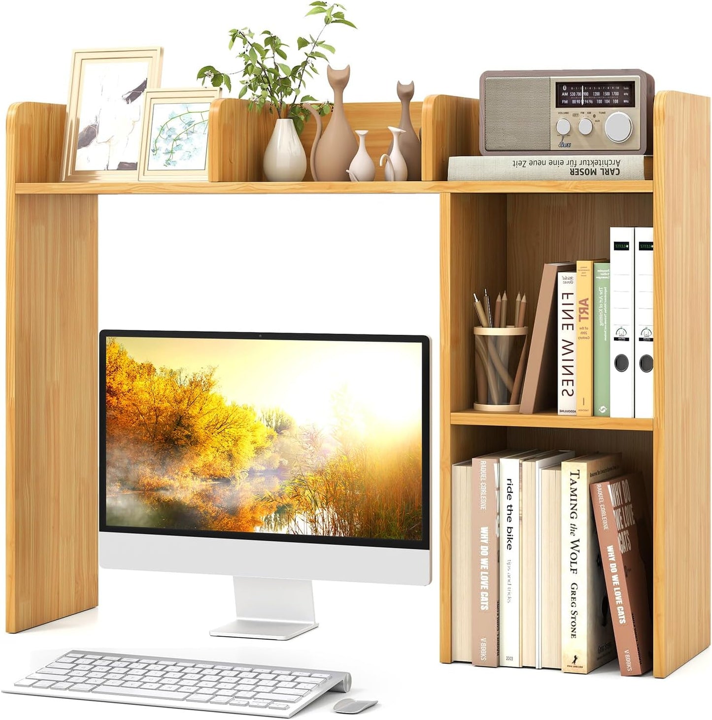 Tangkula Desktop Bookshelf, Countertop Storage Hutch with 5 Shelves for Computer Desk, Desk 3-Tier Display Rack, Multipurpose Wood Desktop Hutch Storage Organizer for Dorm Office Home