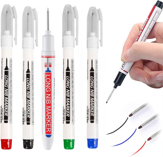 Deep Hole Marker Pens, 20mm Long Nib Permanent Pens, Waterproof Permanent Construction Pen for Metal, Wood & Carpenter, Red Blue Black Green White 5 Color Set Marker (5, Black)