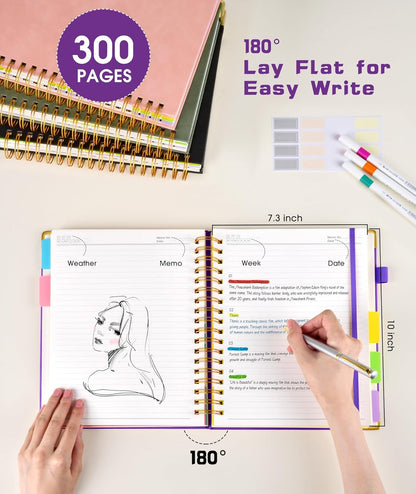 Hardcover Spiral Notebook Journal with Removable Dividers Tabs, 300 Pages Leather 5 Subject Notebook College Ruled, 8"x10" Large B5 Notebooks for Work School Note taking, Lined Journal for Women, Pink