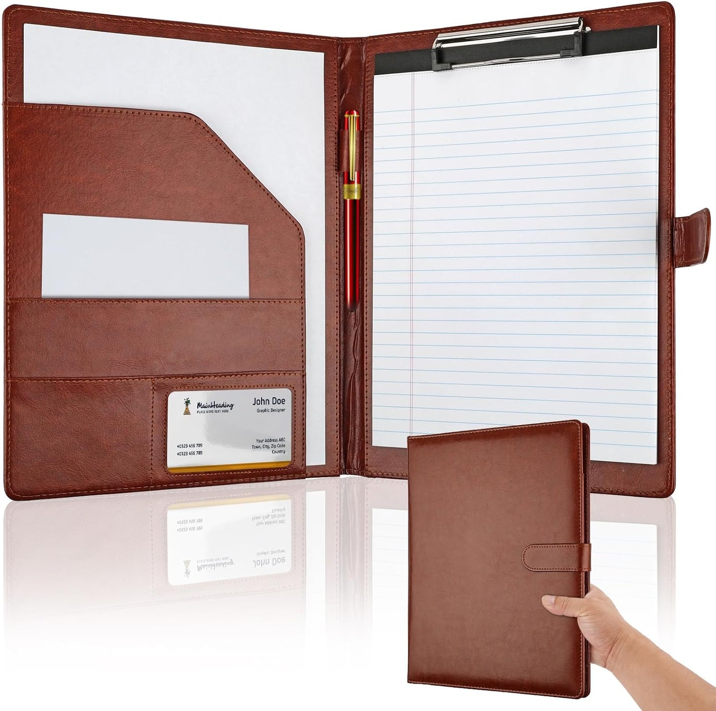 Professional Padfolio with Clipboard, Faux Leather Portfolio Folder Binder, Legal Pad Holder for A4 Letter Size Notepad, Resume, Writing Pad, Ideal Organizer for Business Office Conference, Black