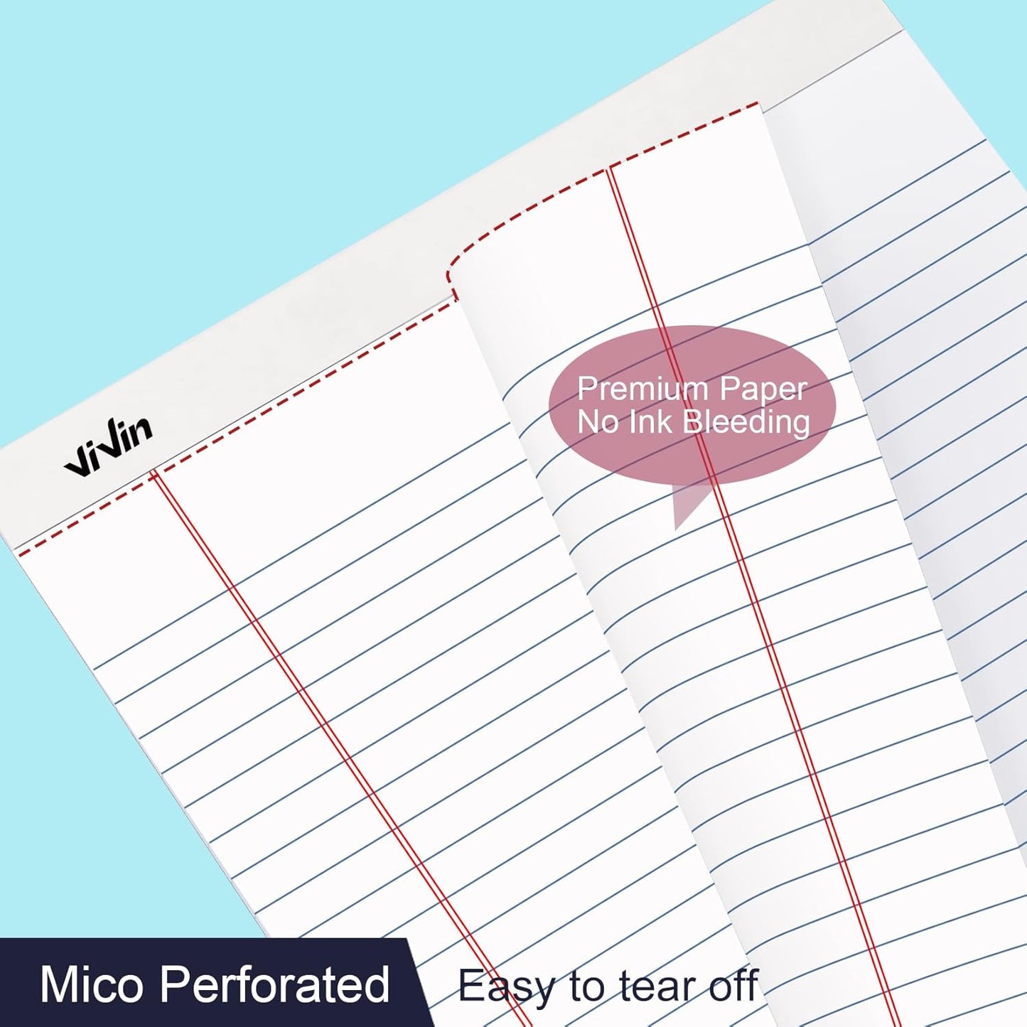 ViVin Legal Pads 8.5 x 11 Inch, Wide Ruled Note Pads, 12 Pack, 50 Sheet/Pad, Perforated Writing Pads, Notepads for Office Home School, 600 Sheets, White Paper