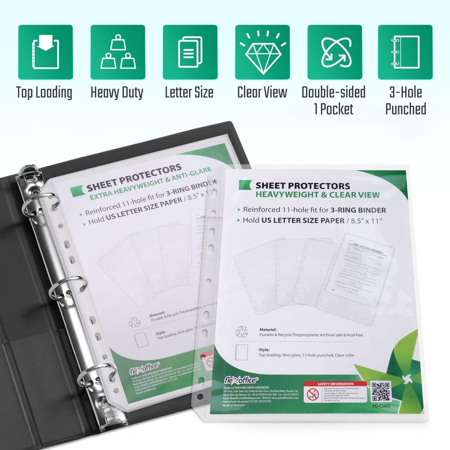 FLEXOFFICE 200 Pack, Extra Heavy Duty Sheet Protectors 8.5 x 11, Non-Glare, Top Loading 9.25 x 11.25 inch, Clear Page Protectors, Plastic Sleeves Reinforced 11-Hole Fit for 3 Ring Binder