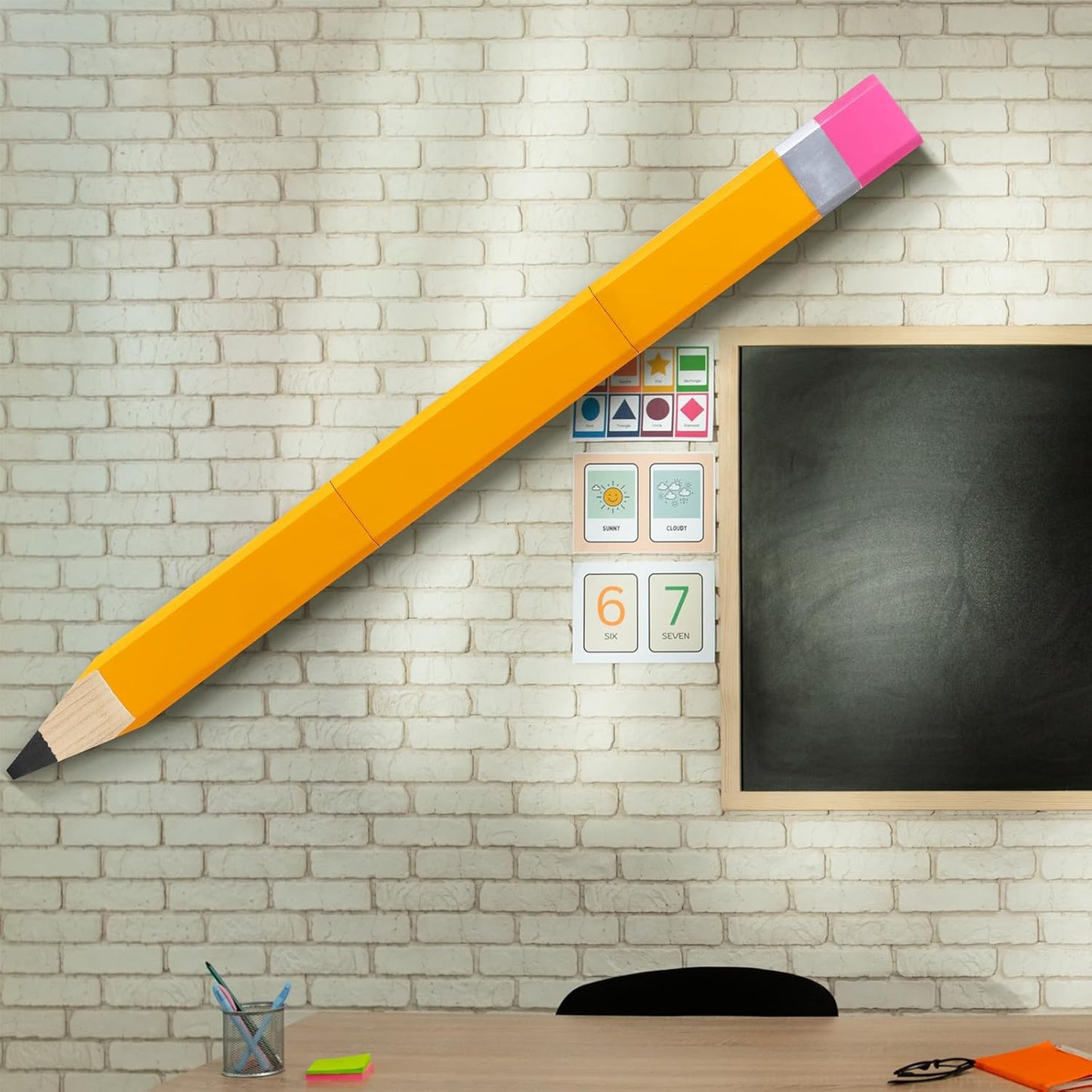 Yousoontic 31.5 Inch Giant Pencil Wall Art Wooden Jumbo Pencil Back to School Party Decoration Yellow Pen Props Preschool Kindergarten Graduation Classroom Decor for Home School Supplies