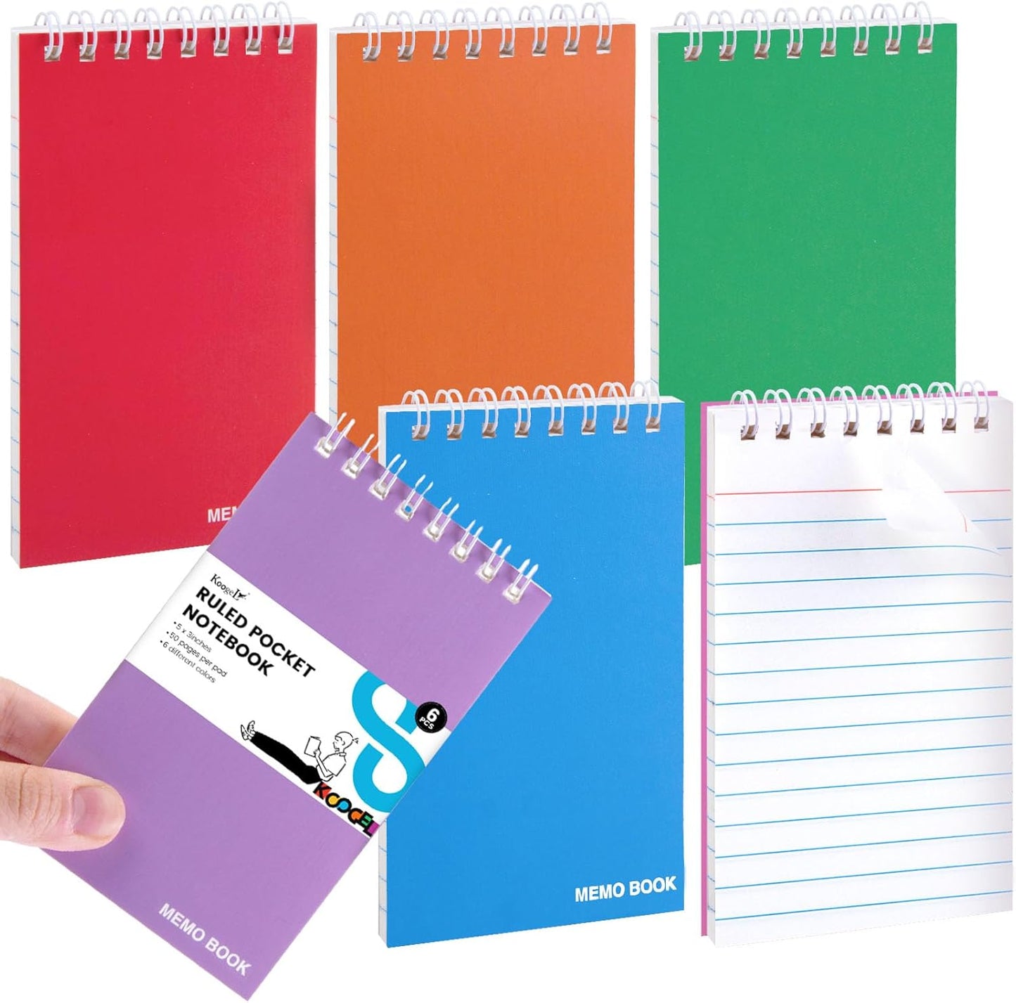 Koogel 6 Pack Pocket Notebooks Small Spiral Notebooks Bulk, 3x5 Inch, Mini Lined College Ruled Journal, Small Spiral Notebook Memo Notepads for School, Home, College, Office, Work, Nurse, 6 Colors
