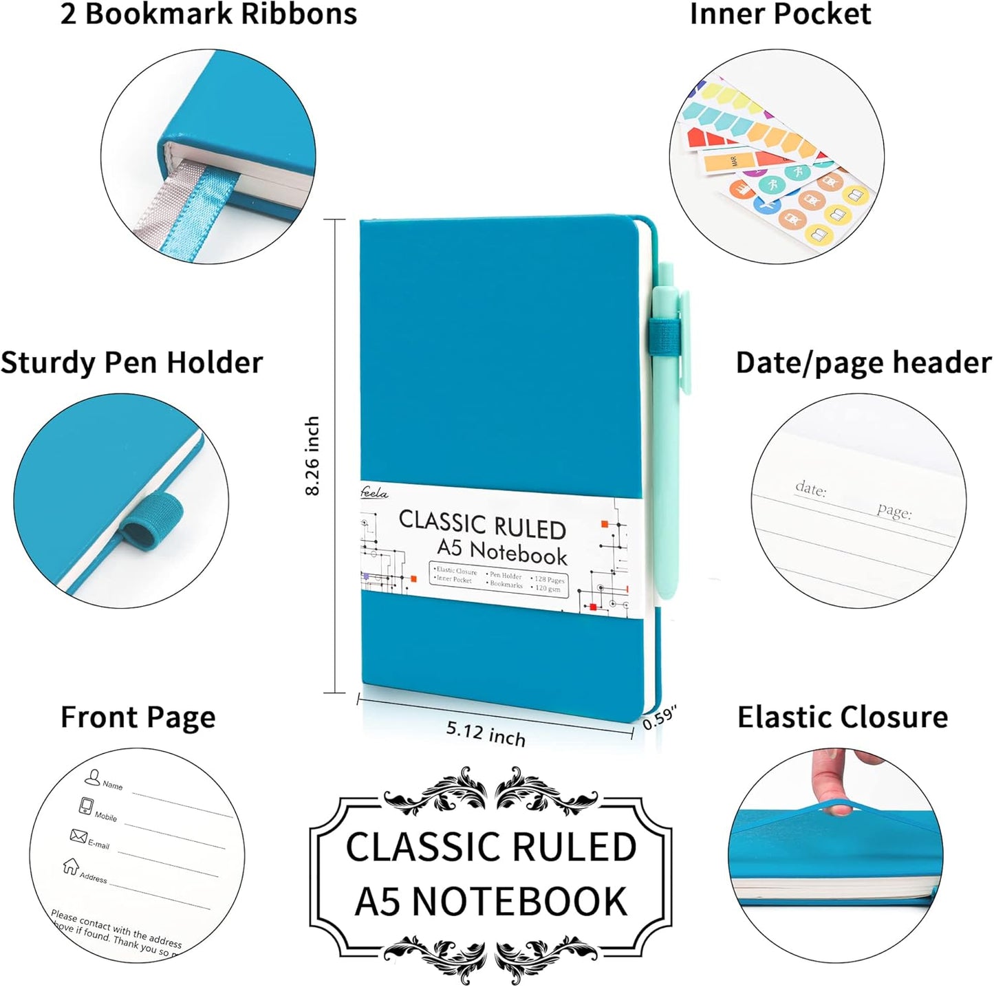feela College Ruled Notebooks, 24 Pack Business Notebook Hardcover Lined Writing Journal with Pen Holder for Men Women Note Taking, with 24 Black Pens, 120 GSM, 5.1”x8.3”, A5, White