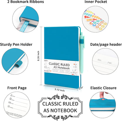 feela College Ruled Notebooks, 24 Pack Business Notebook Hardcover Lined Writing Journal with Pen Holder for Men Women Note Taking, with 24 Black Pens, 120 GSM, 5.1”x8.3”, A5, White